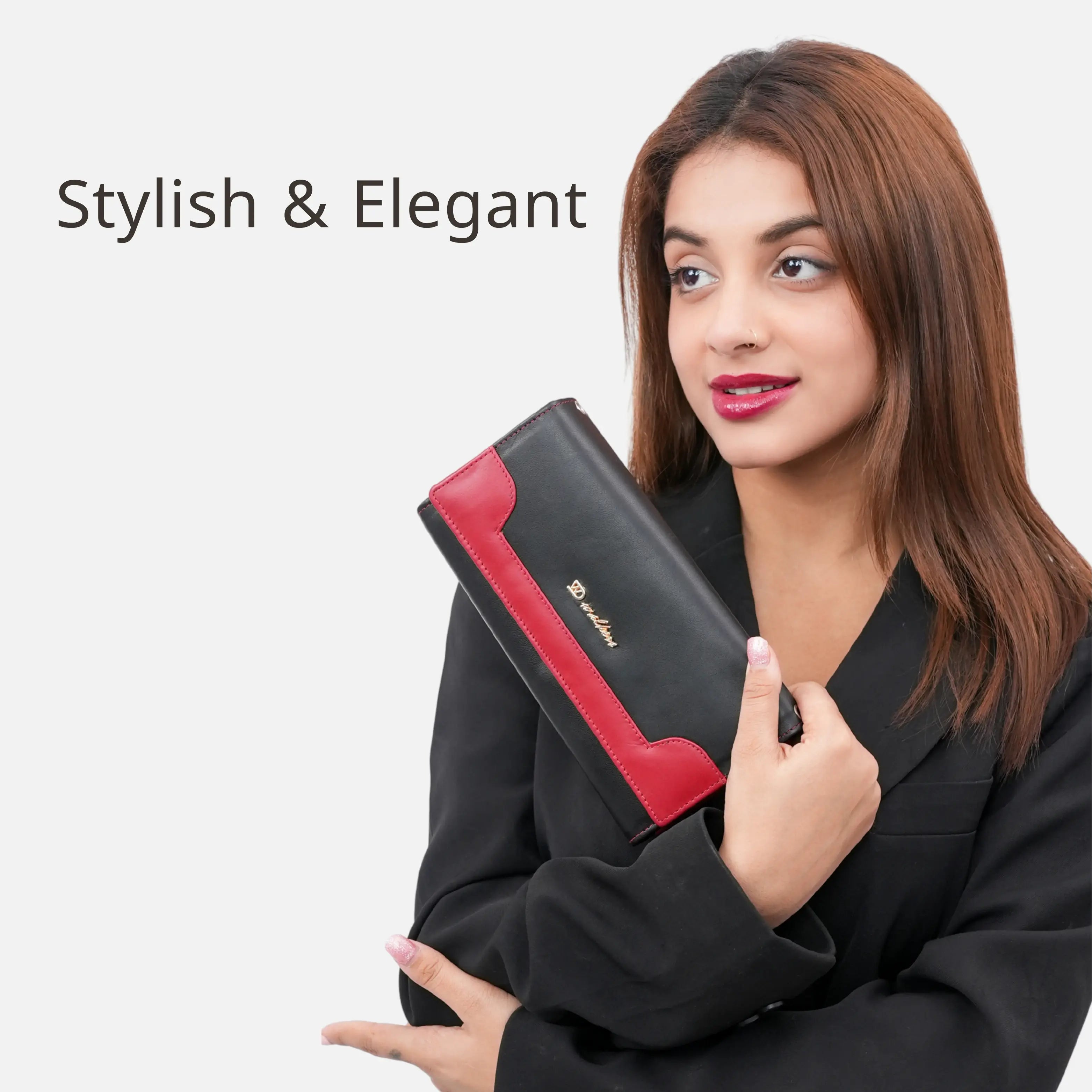 Fashionable Black and Red Bifold Genuine Leather Clutch Bag for Women