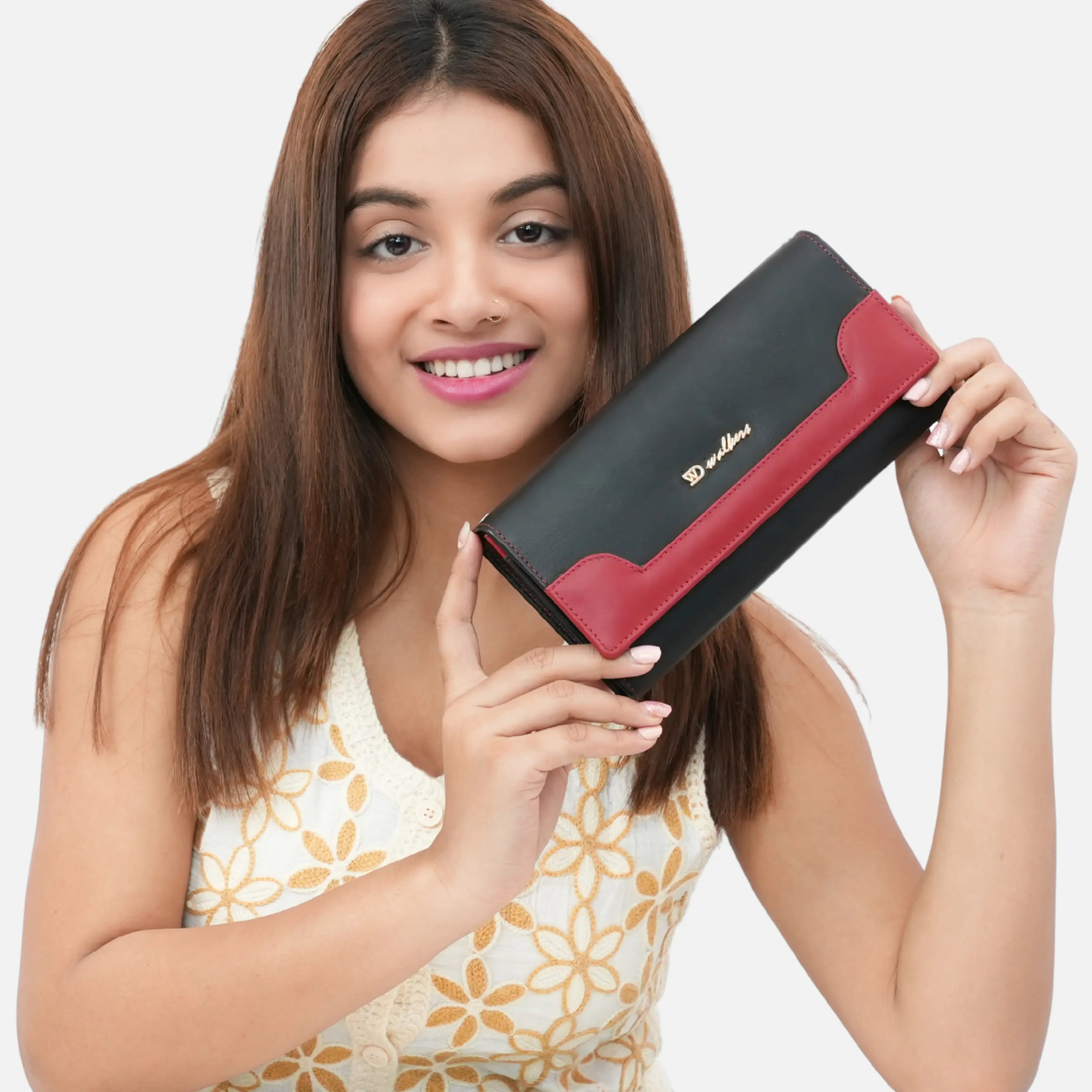 Fashionable Black and Red Bifold Genuine Leather Clutch Bag for Women