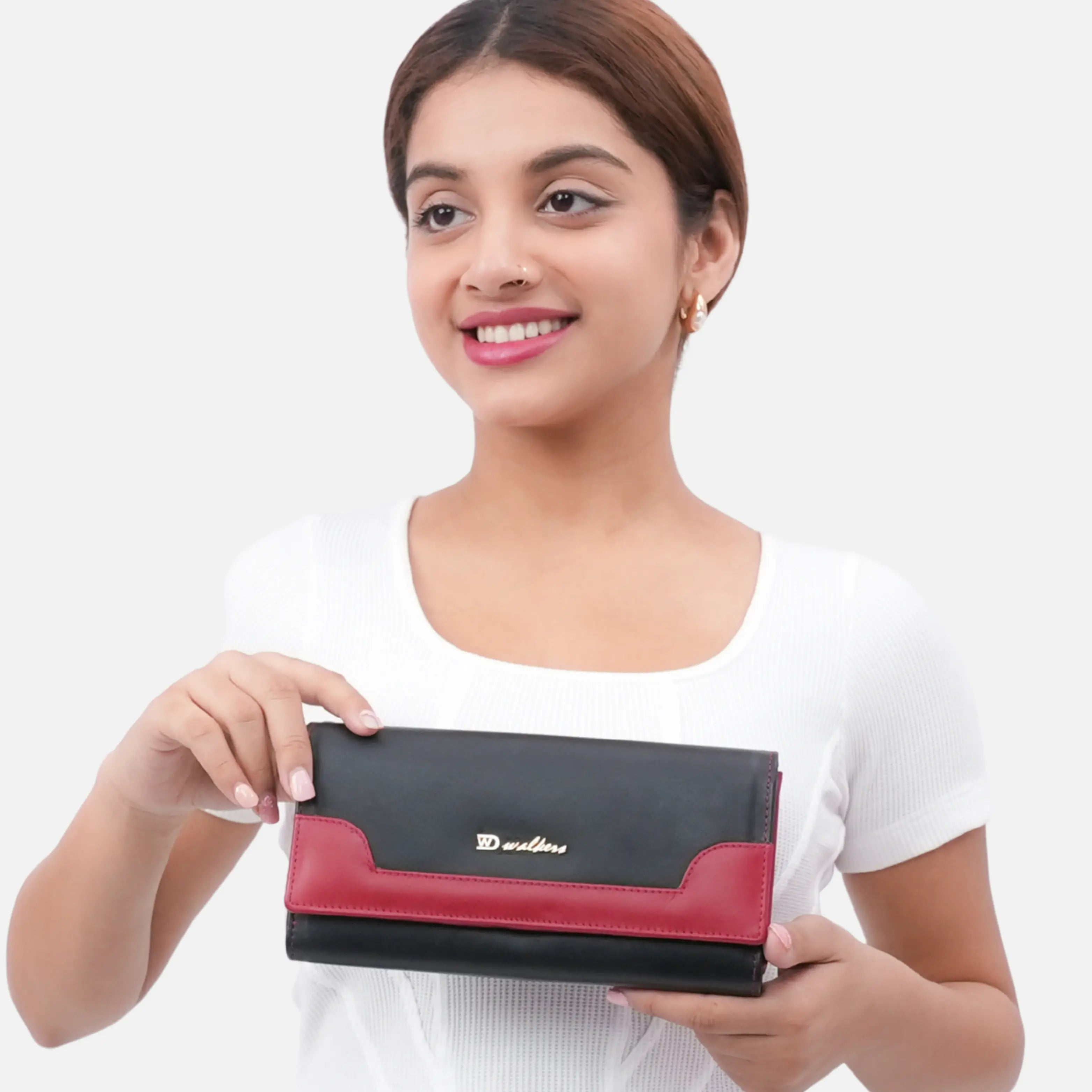 Fashionable Black and Red Bifold Genuine Leather Clutch Bag for Women