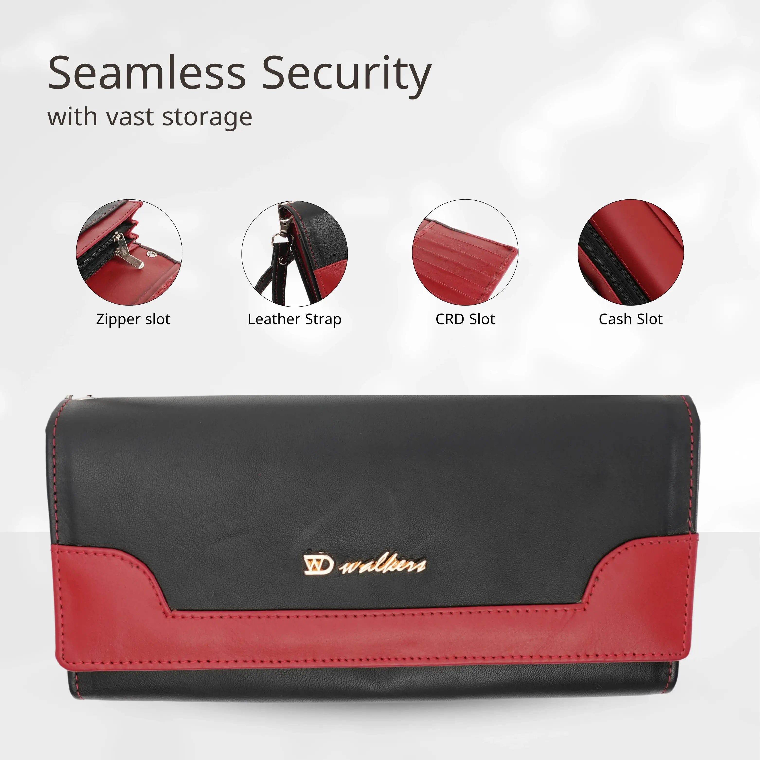 Fashionable Black and Red Bifold Genuine Leather Clutch Bag for Women