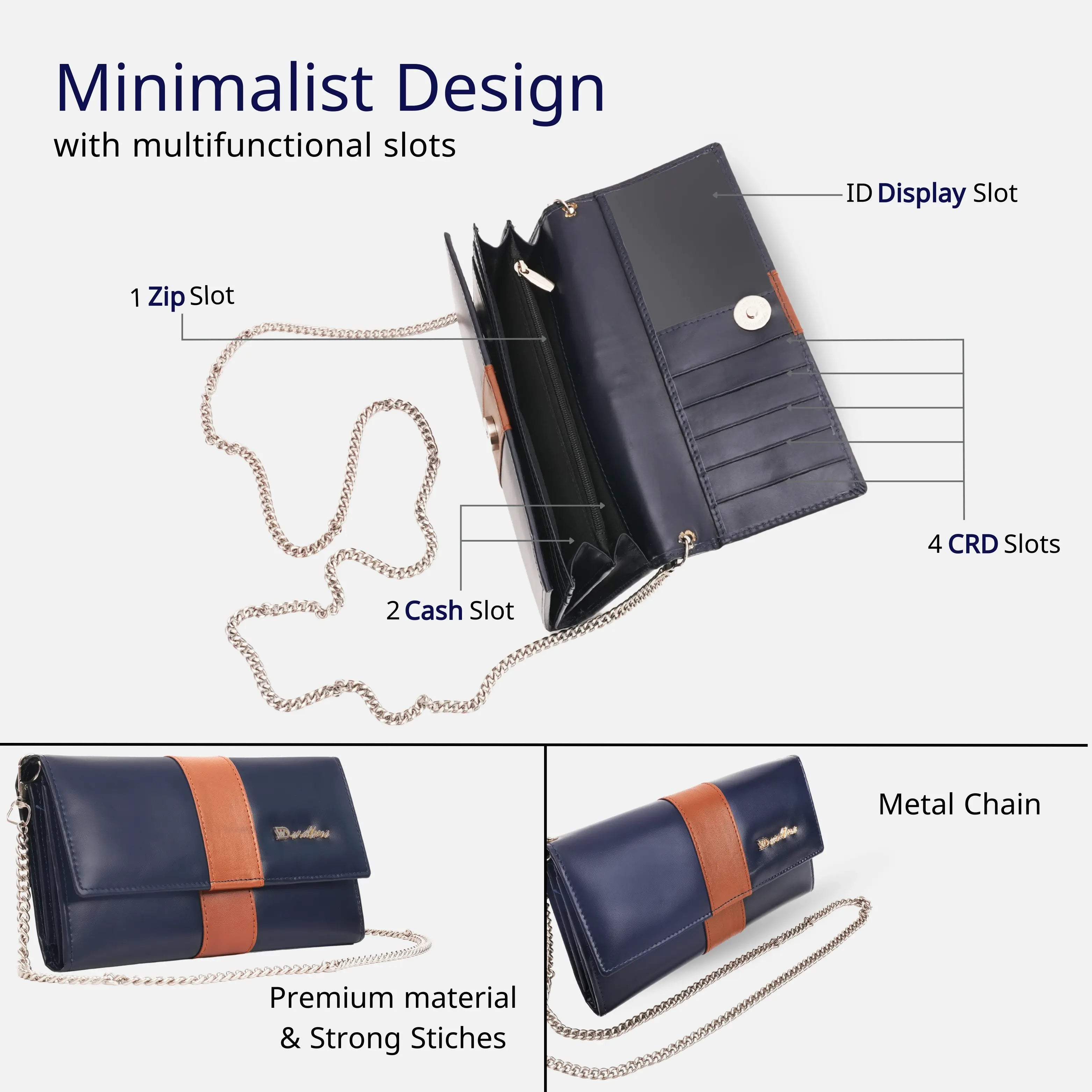 Fashionable Navy Blue Bifold Leather Clutch Bag for Women