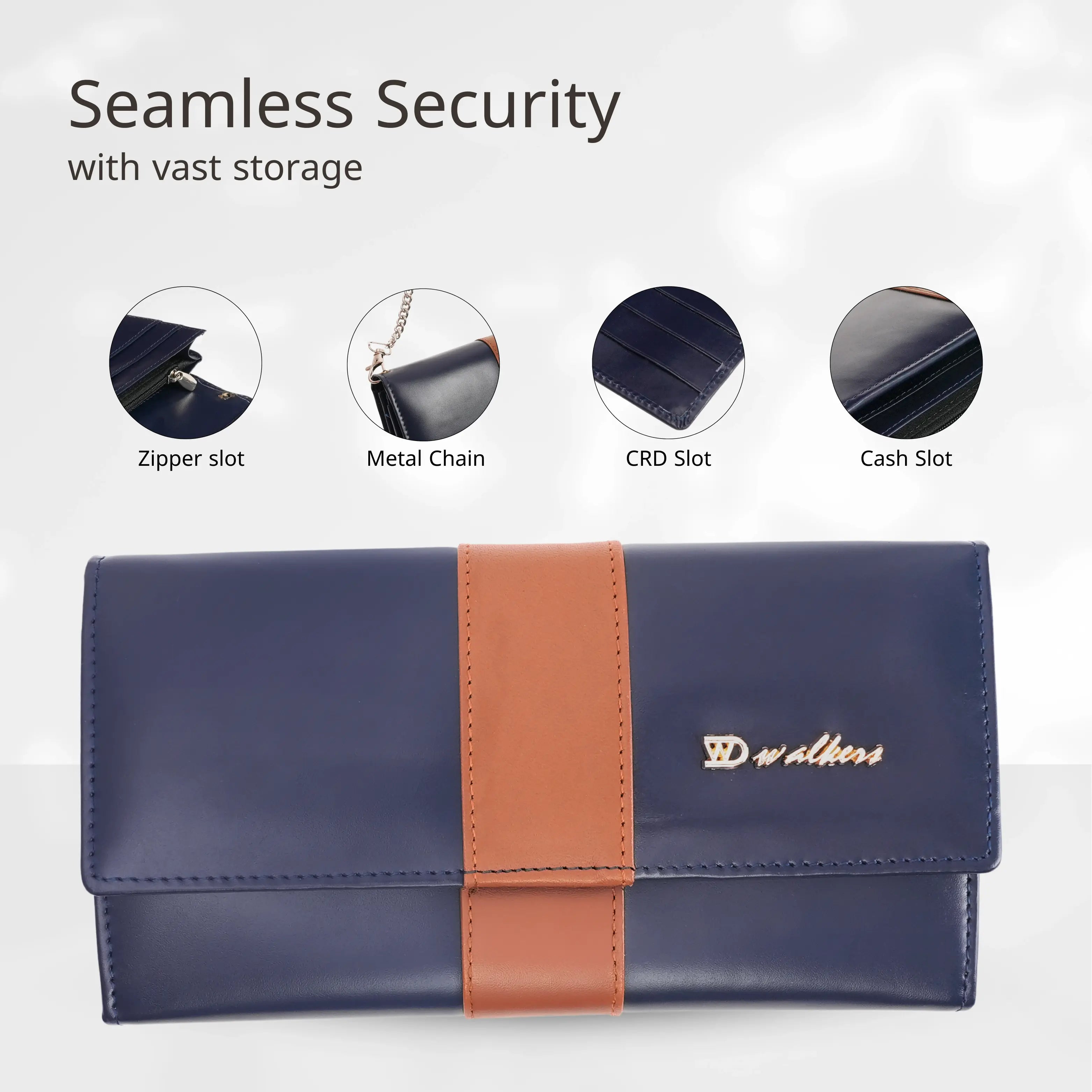 Fashionable Navy Blue Bifold Leather Clutch Bag for Women