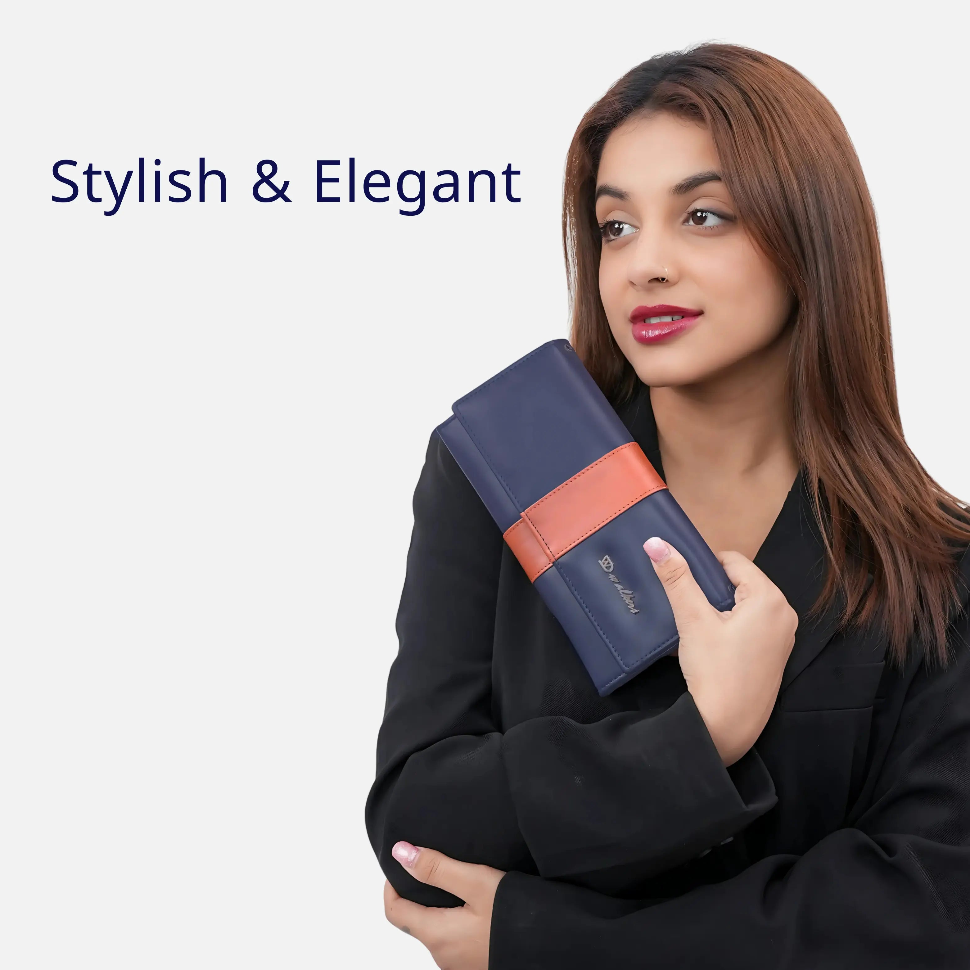 Fashionable Navy Blue Bifold Leather Clutch Bag for Women