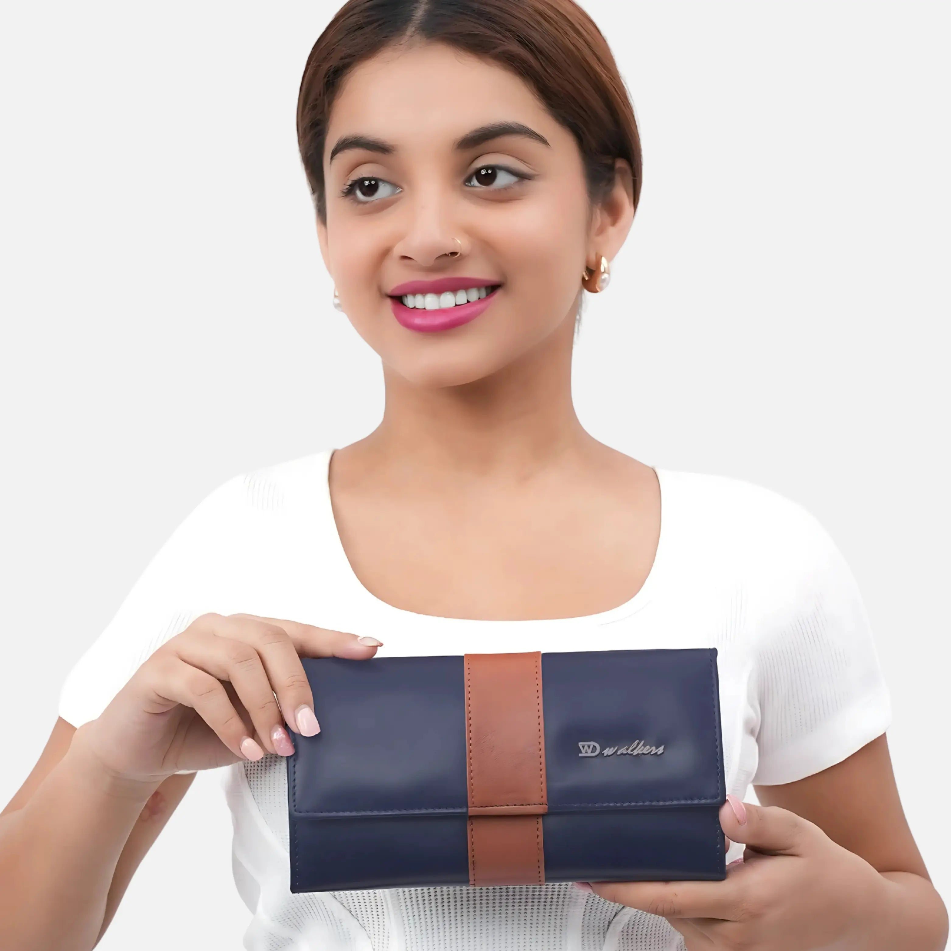 Fashionable Navy Blue Bifold Leather Clutch Bag for Women