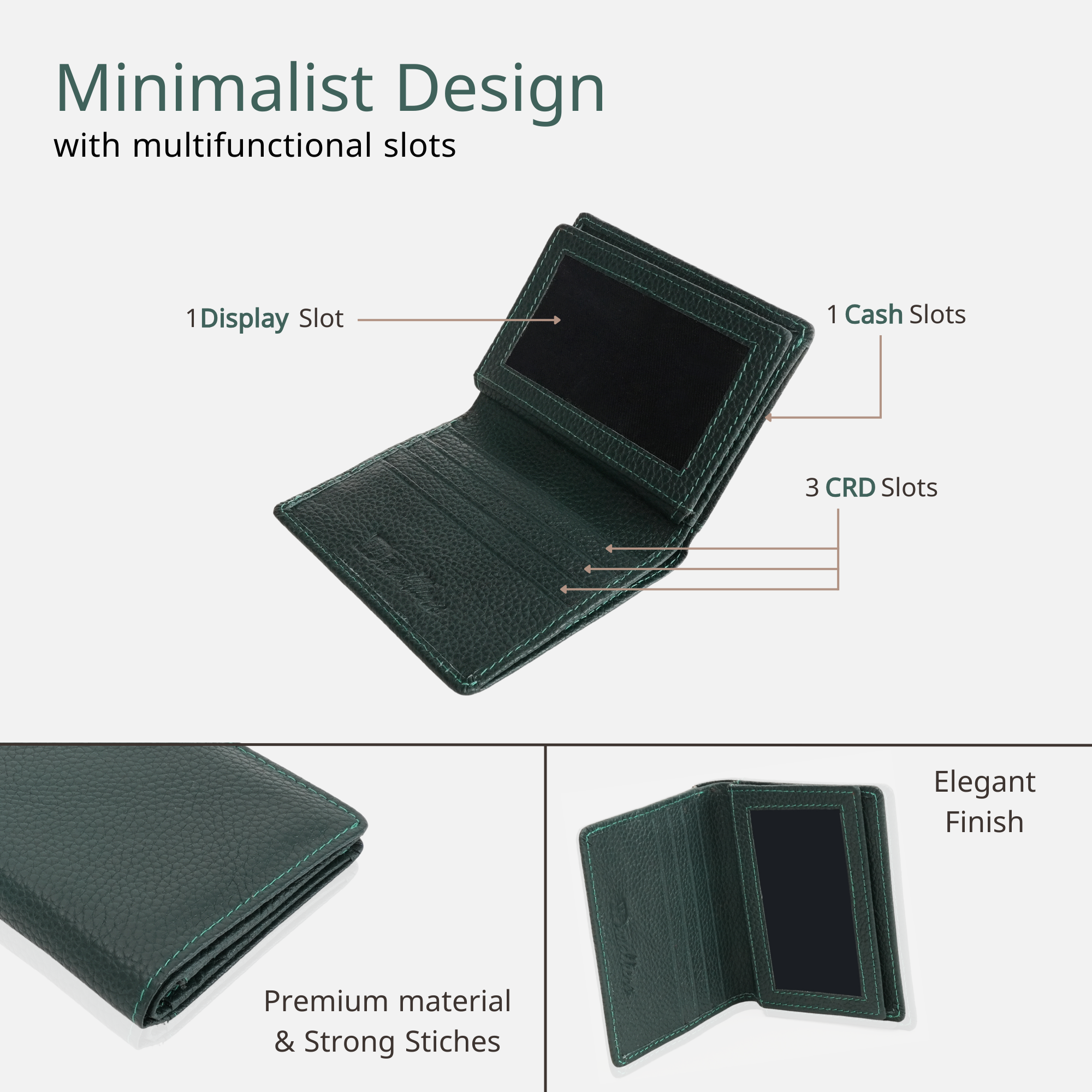 Green Leather Card Holder for Men with Card & ID Slots