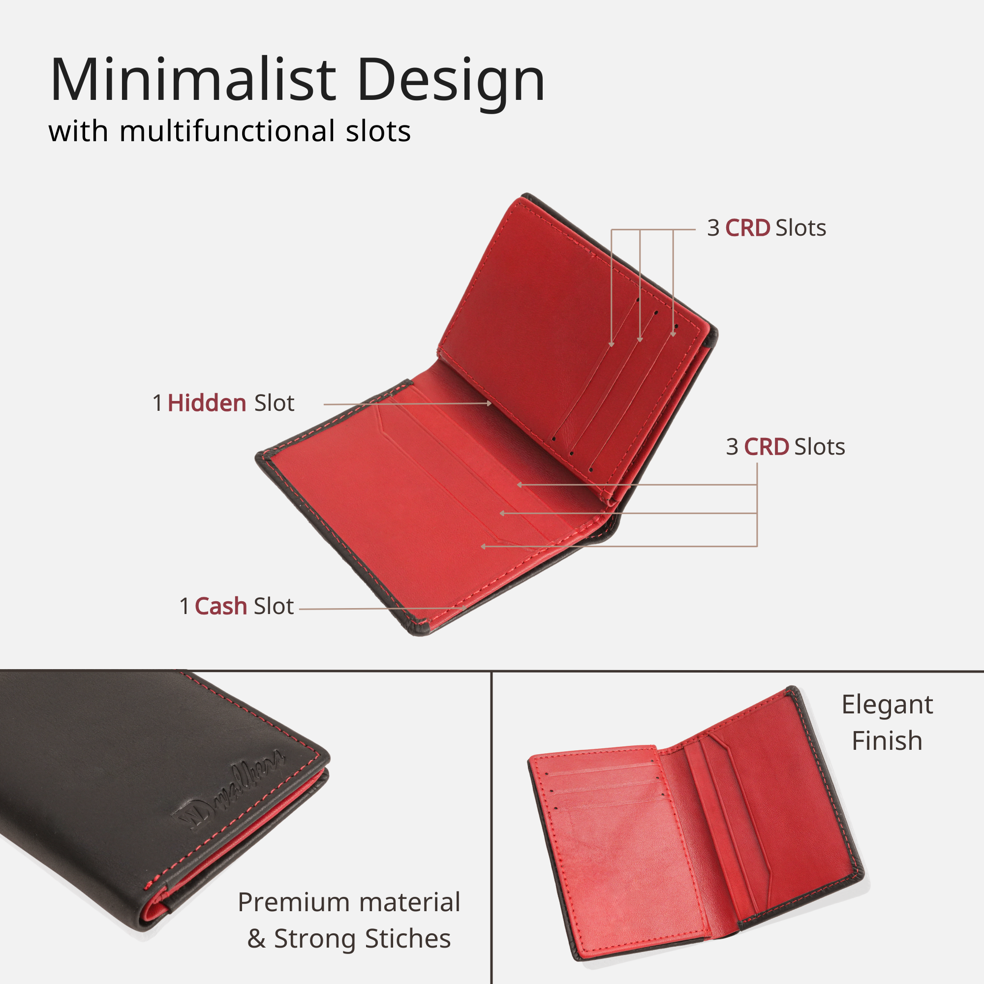Bold Black and Red Leather Card Holder for Men with Card, Cash & Coin Slots