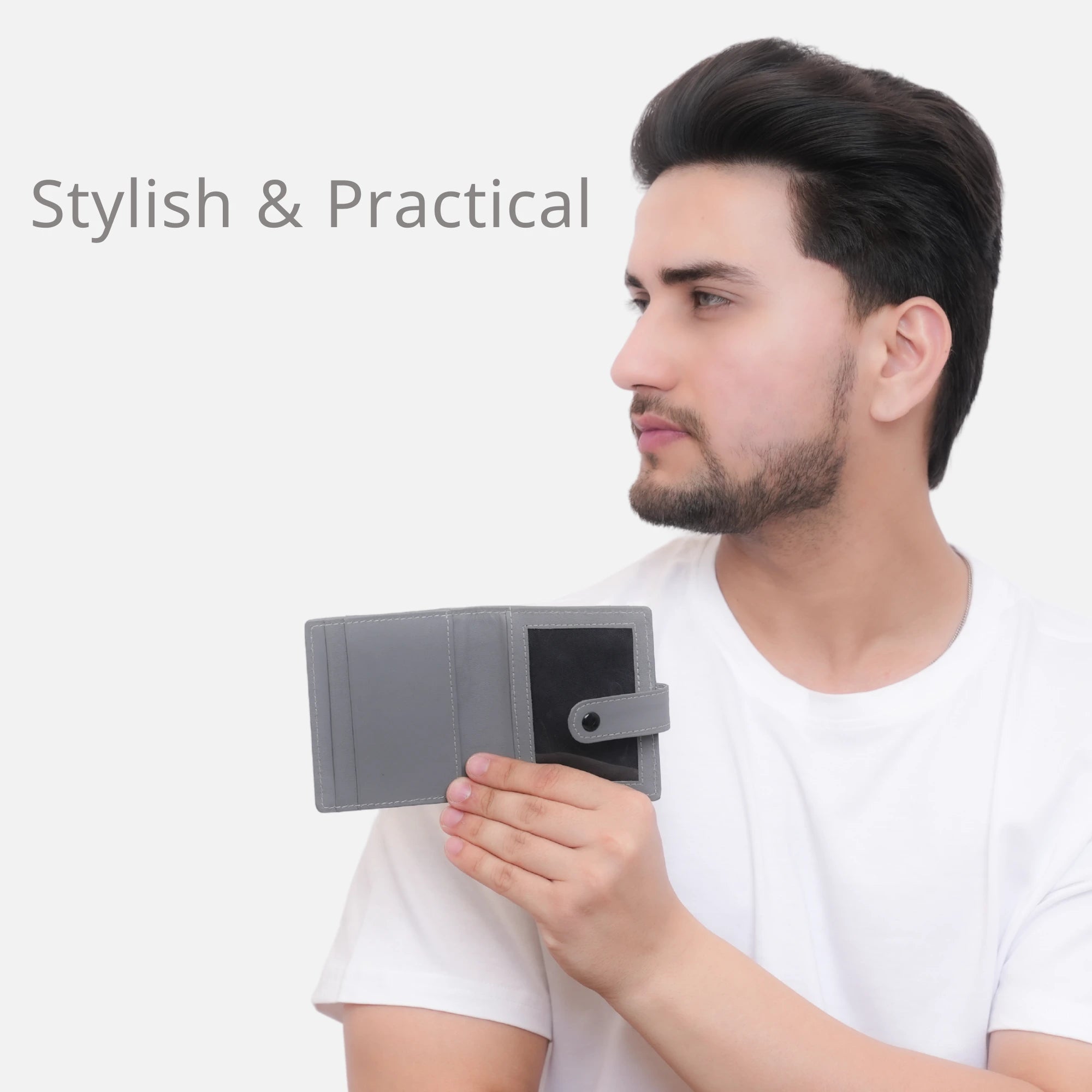 Grey Genuine Leather Card Holder for Men with Card & ID Slots