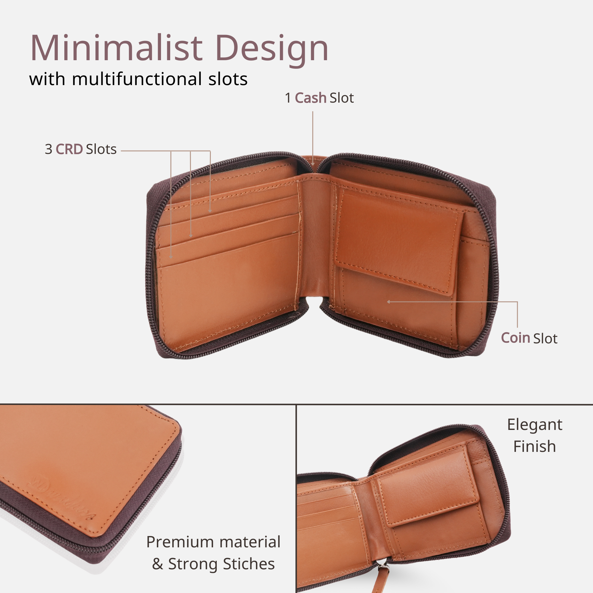 Trendy Tan Zip Leather Wallet for Men with Card & Coin Slots